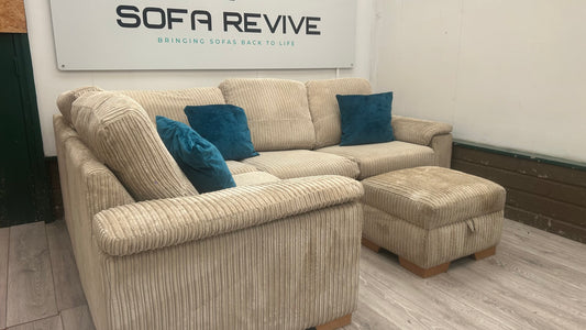 Beige cord DFS corner sofa bed with matching footstool