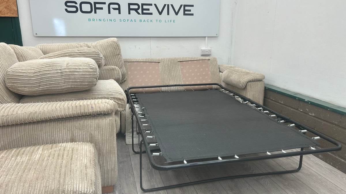 Beige cord DFS corner sofa bed with matching footstool