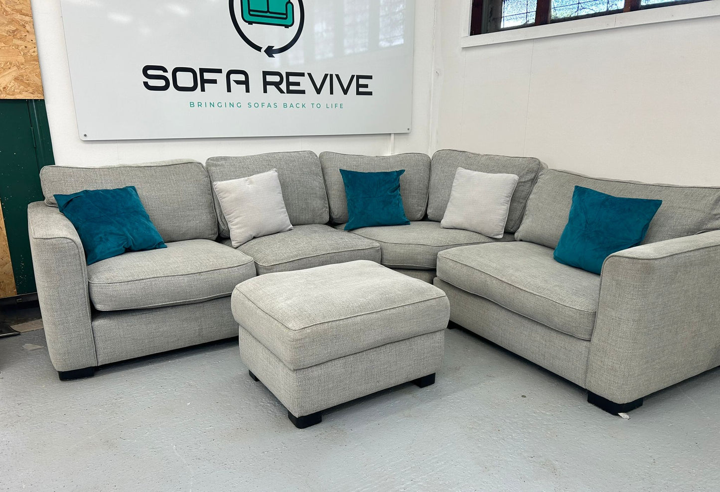 Grey Furniture Village Elora Corner Sofa with matching storage footstool
