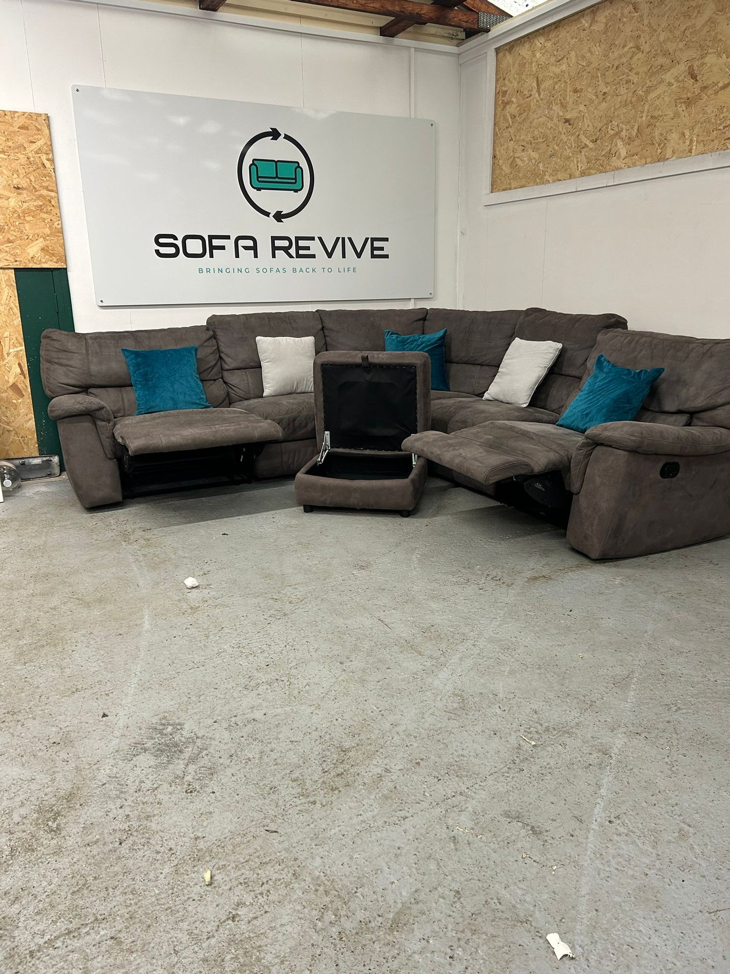 Grey corner DFS RONAN recliner sofa with matching storage footstool DELIVERY AVAILABLE