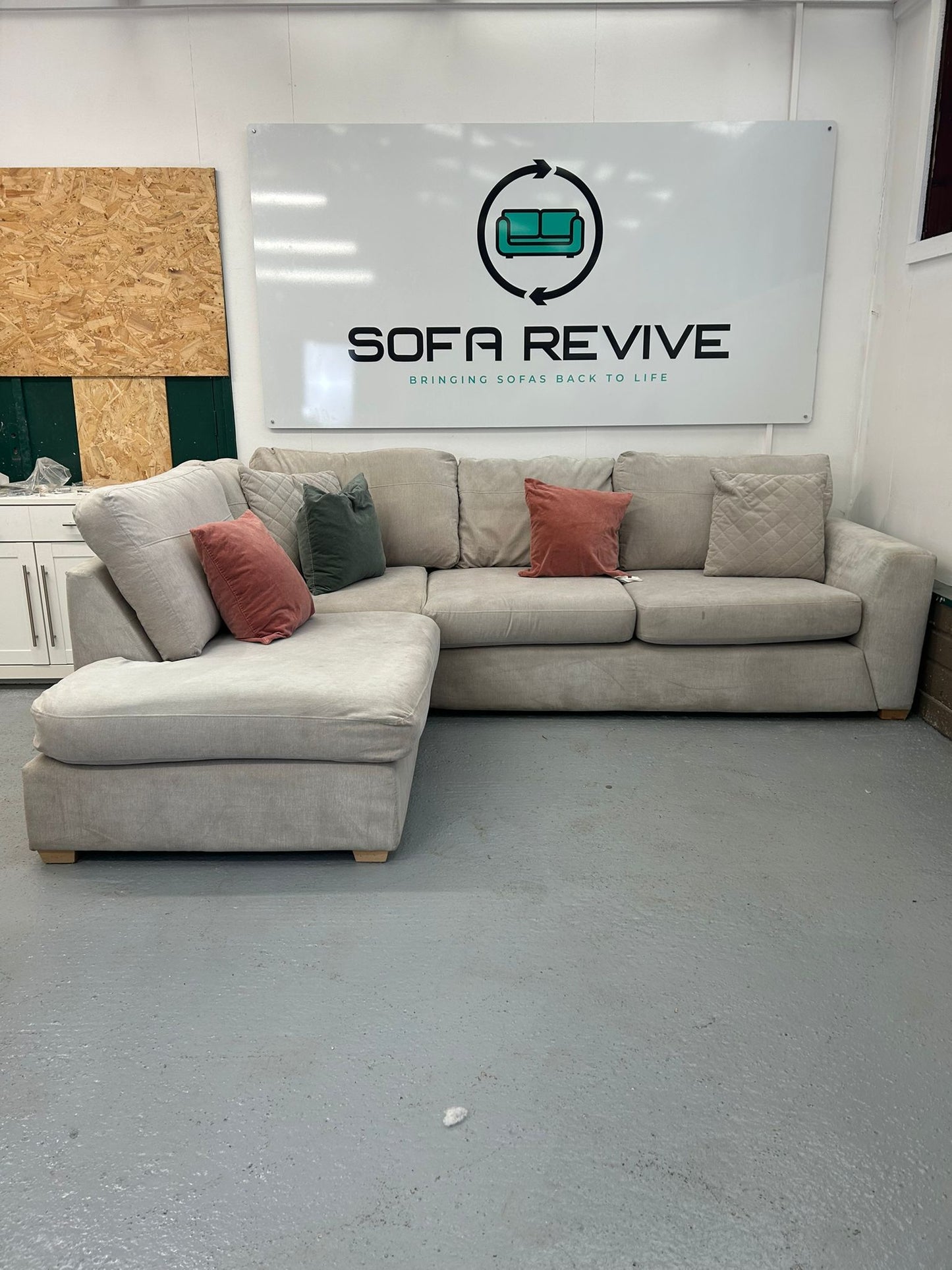Grey DFS orka corner sofa with matching swivel chair & footstool