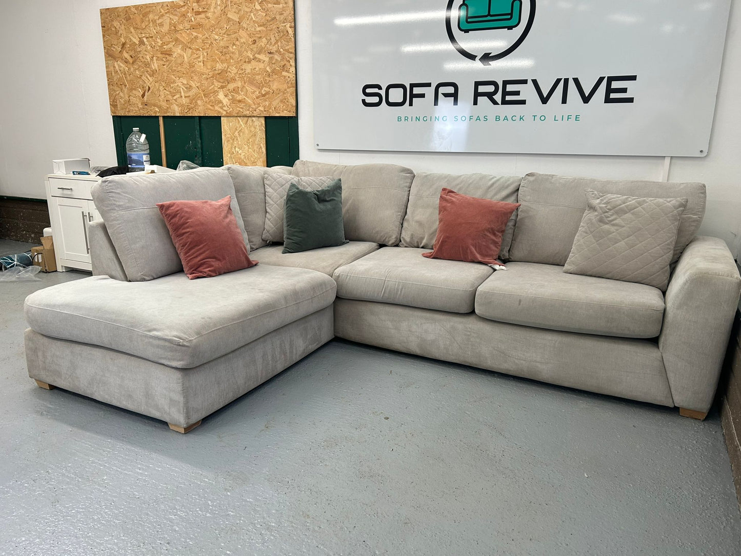 Grey DFS orka corner sofa with matching swivel chair & footstool