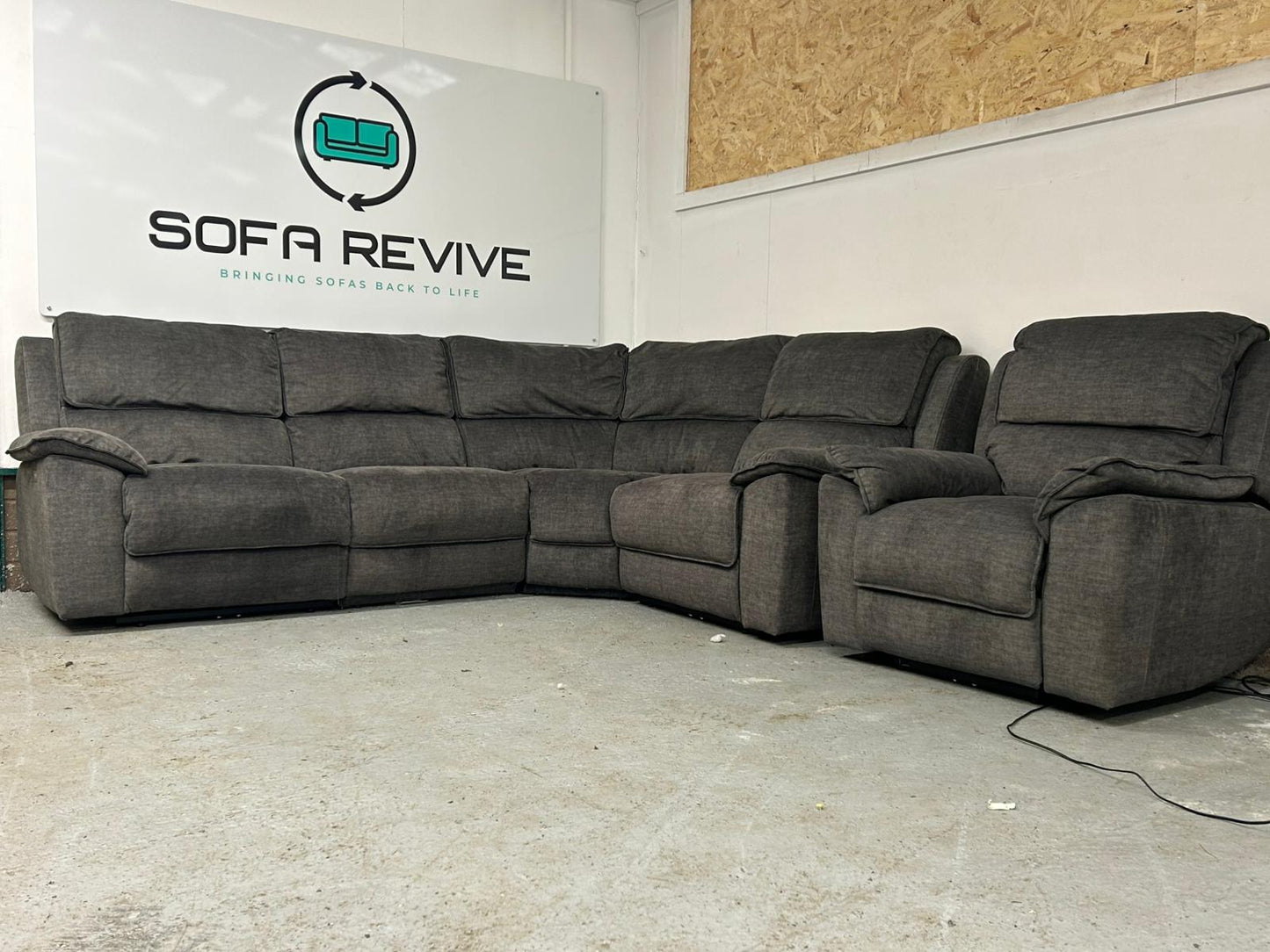 Grey corner recliner with matching recliner armchair