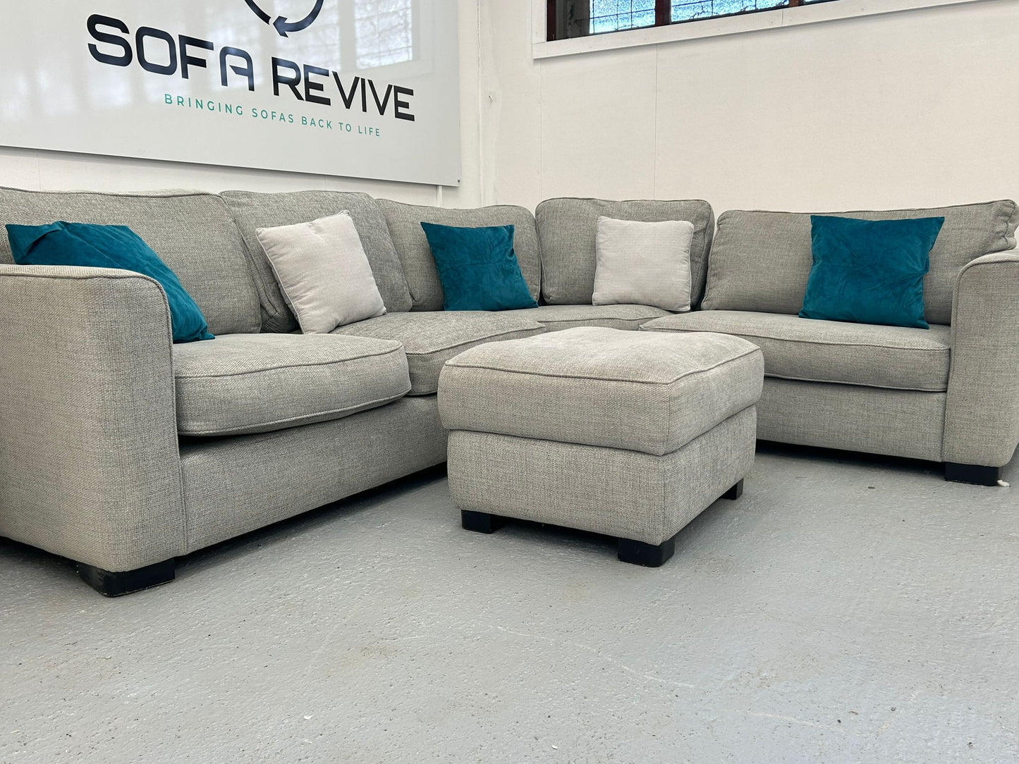 Grey Furniture Village Elora Corner Sofa with matching storage footstool