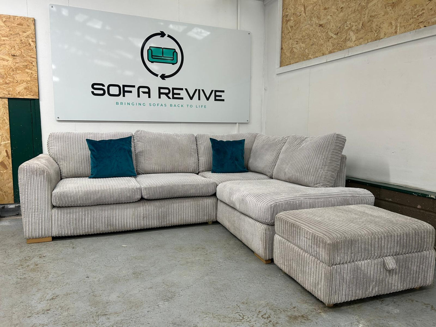 Grey DFS Heydon corner sofa with matching footstool
