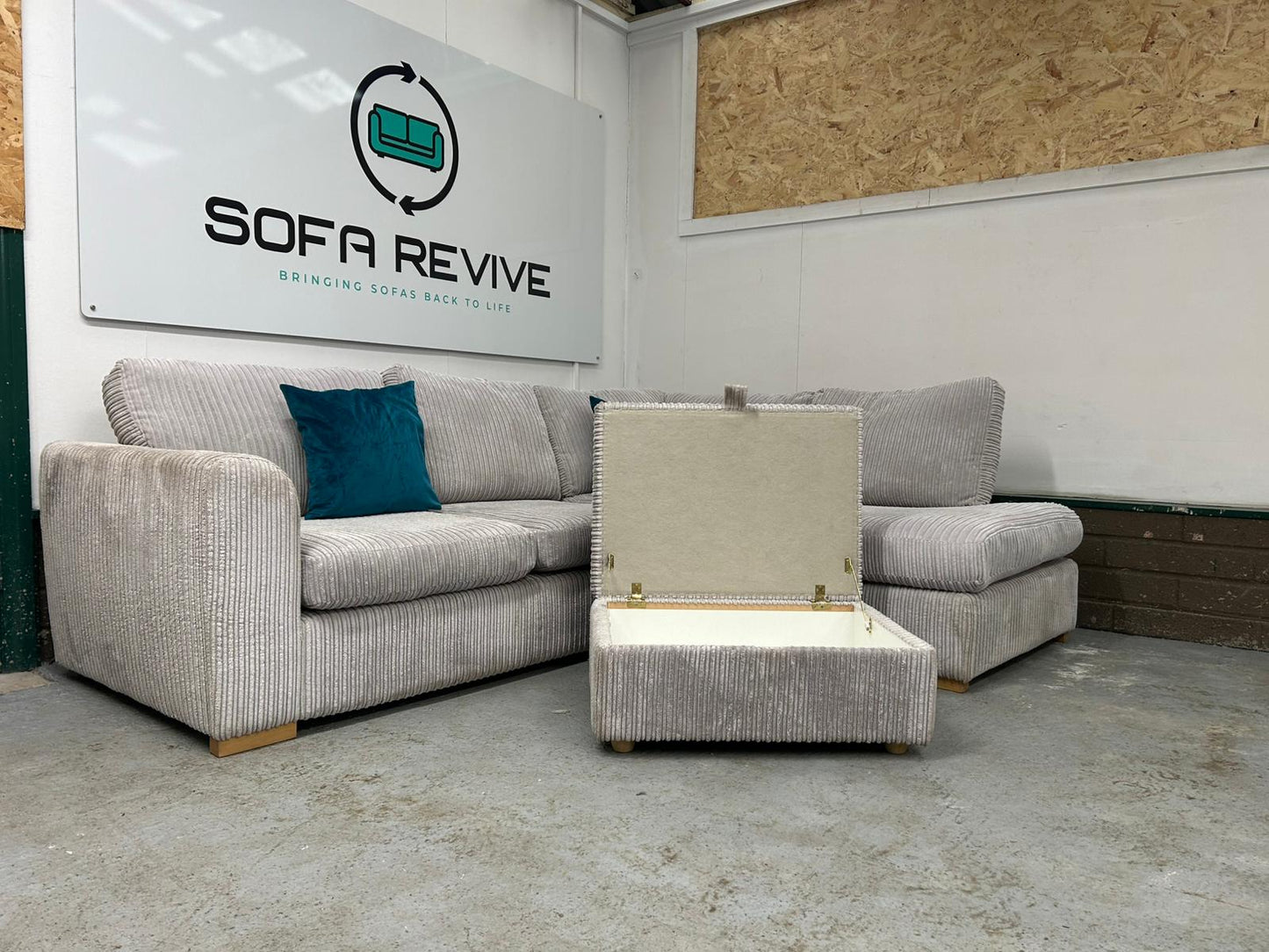 Grey DFS Heydon corner sofa with matching footstool