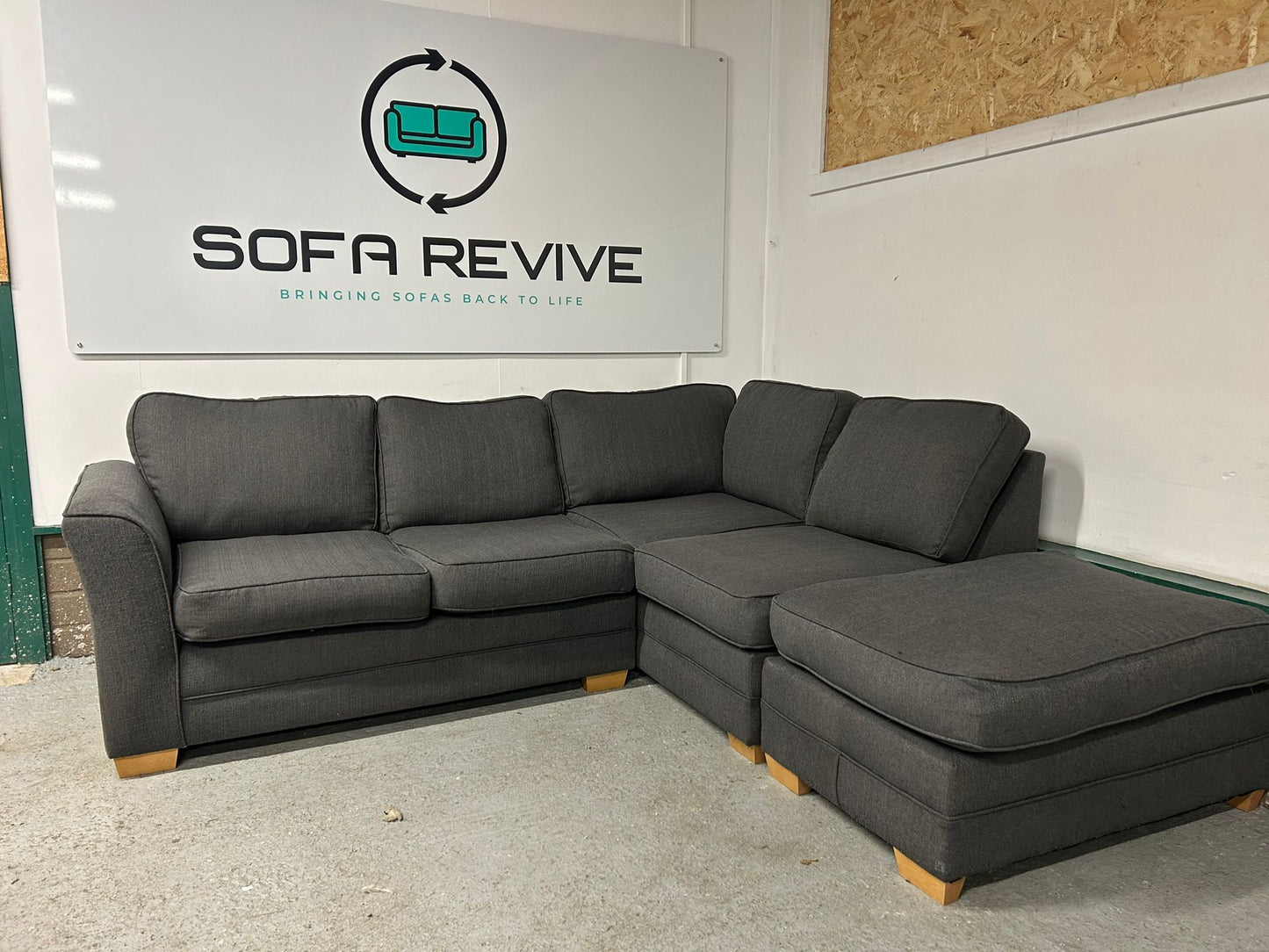 Grey right hand corner sofa with matching pouffe