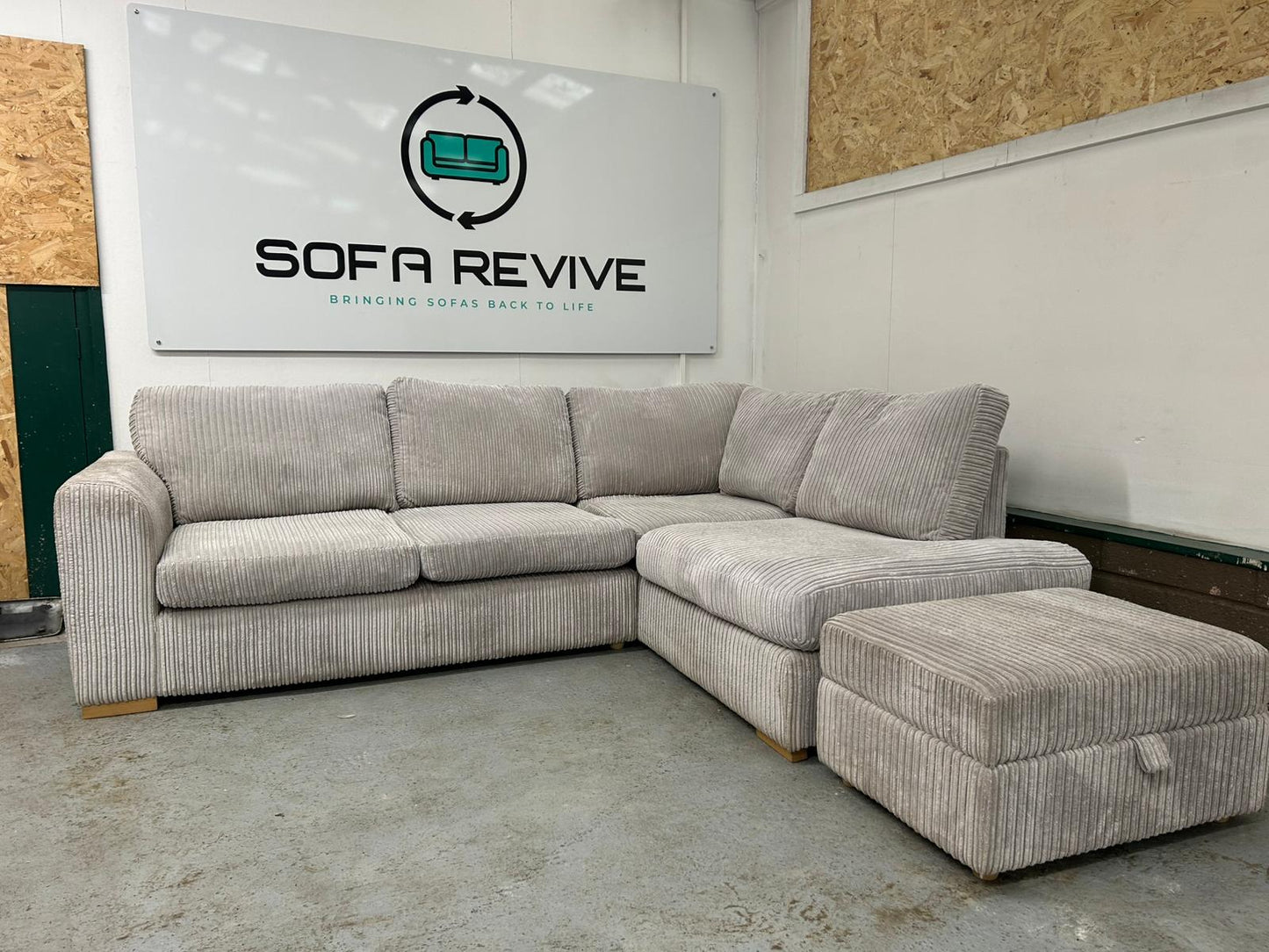 Grey DFS Heydon corner sofa with matching footstool