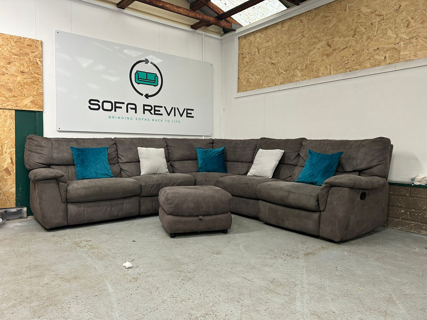 Grey corner DFS RONAN recliner sofa with matching storage footstool DELIVERY AVAILABLE