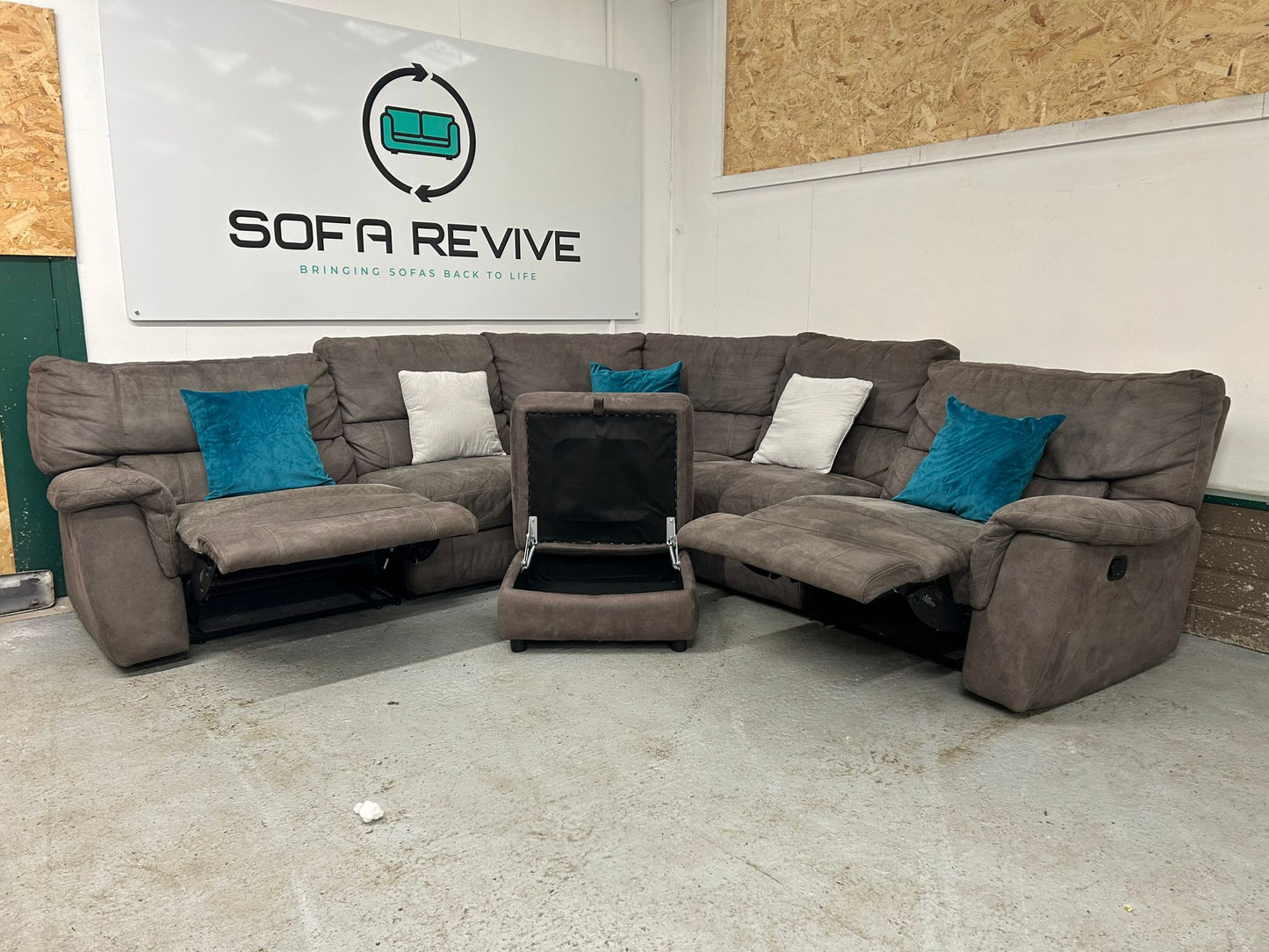 Grey corner DFS RONAN recliner sofa with matching storage footstool DELIVERY AVAILABLE