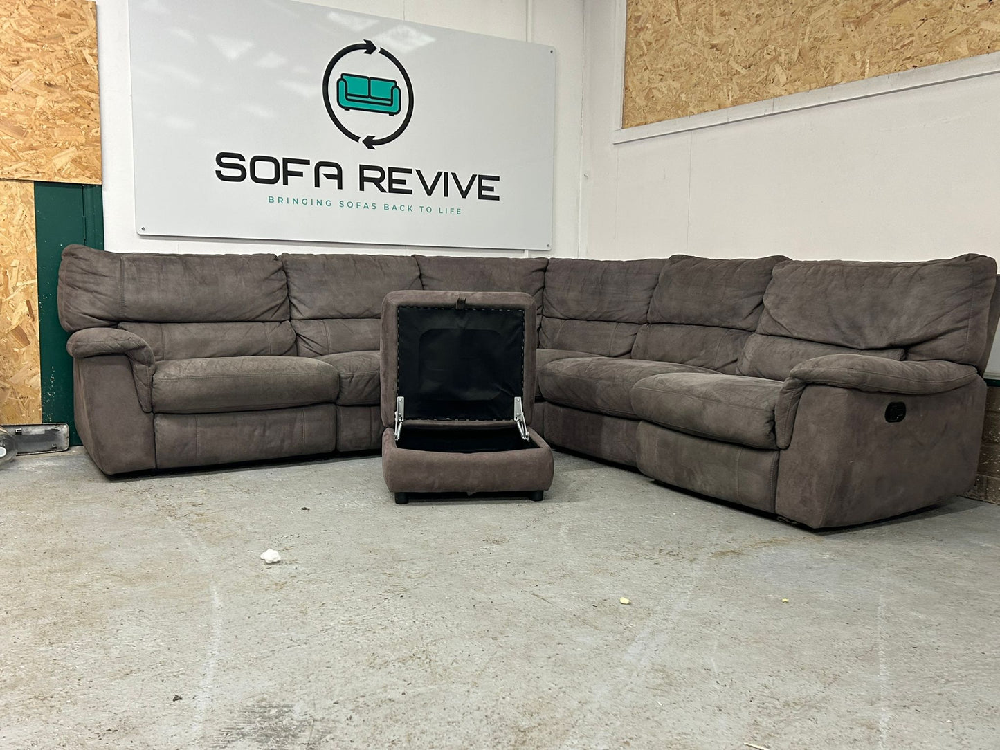 Grey corner DFS RONAN recliner sofa with matching storage footstool DELIVERY AVAILABLE