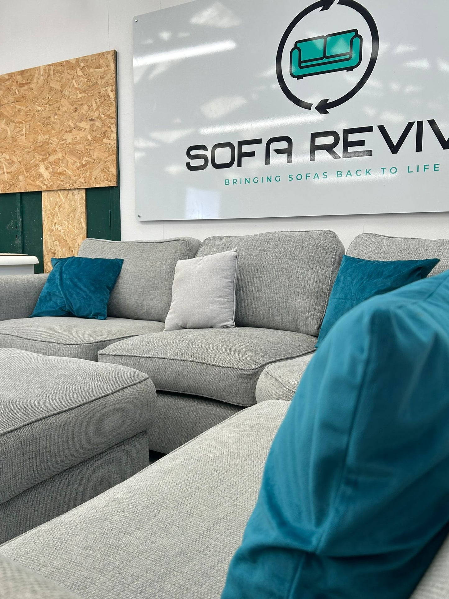 Grey Furniture Village Elora Corner Sofa with matching storage footstool