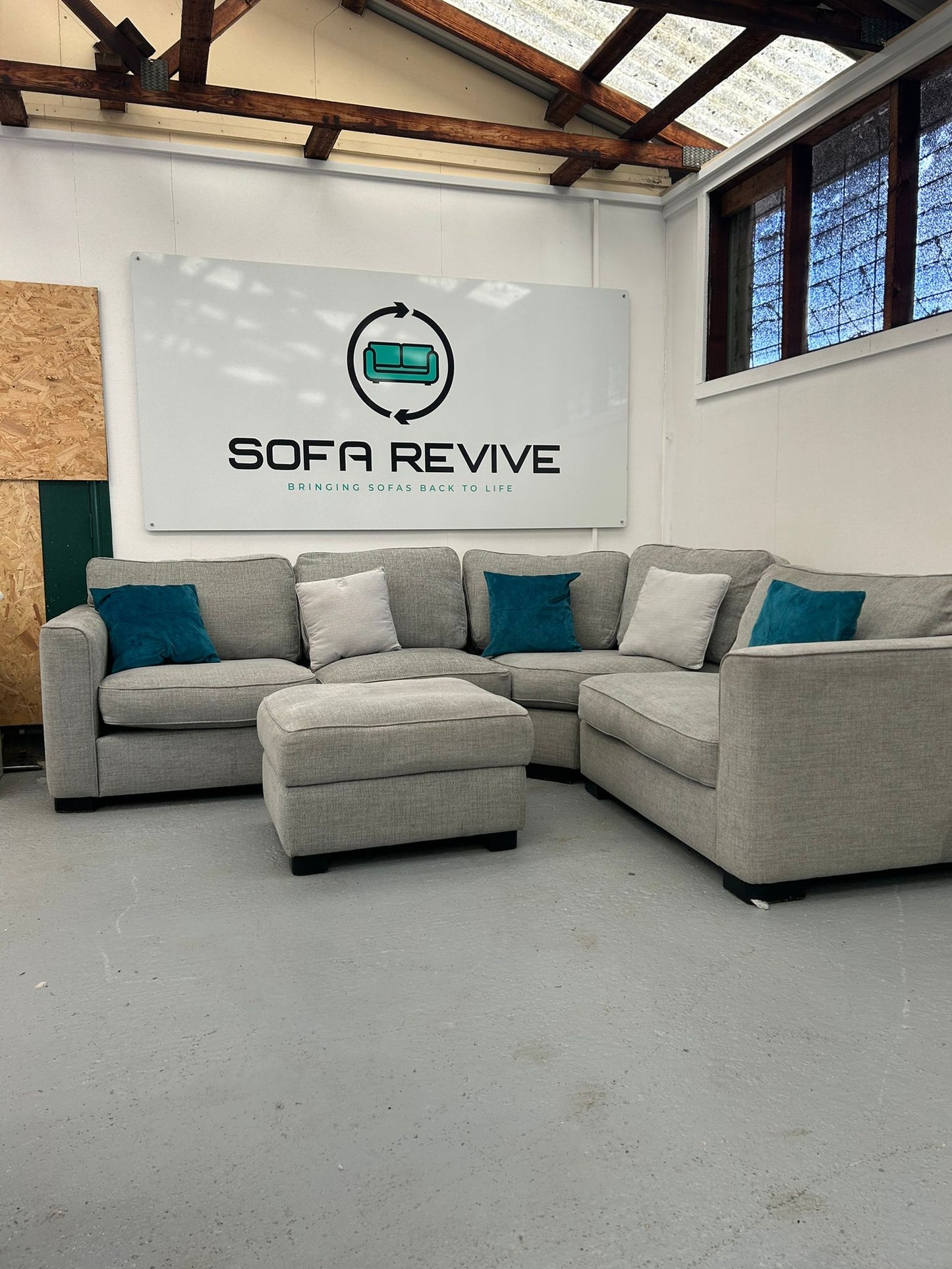 Grey Furniture Village Elora Corner Sofa with matching storage footstool