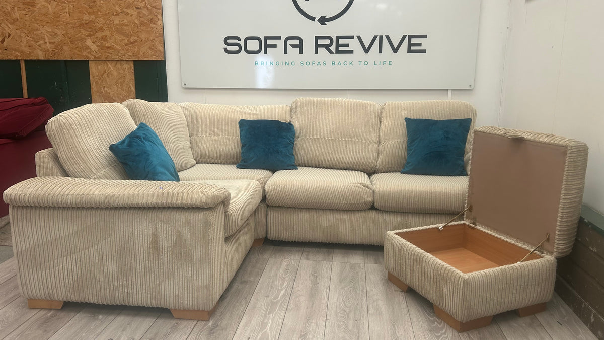 Beige cord DFS corner sofa bed with matching footstool