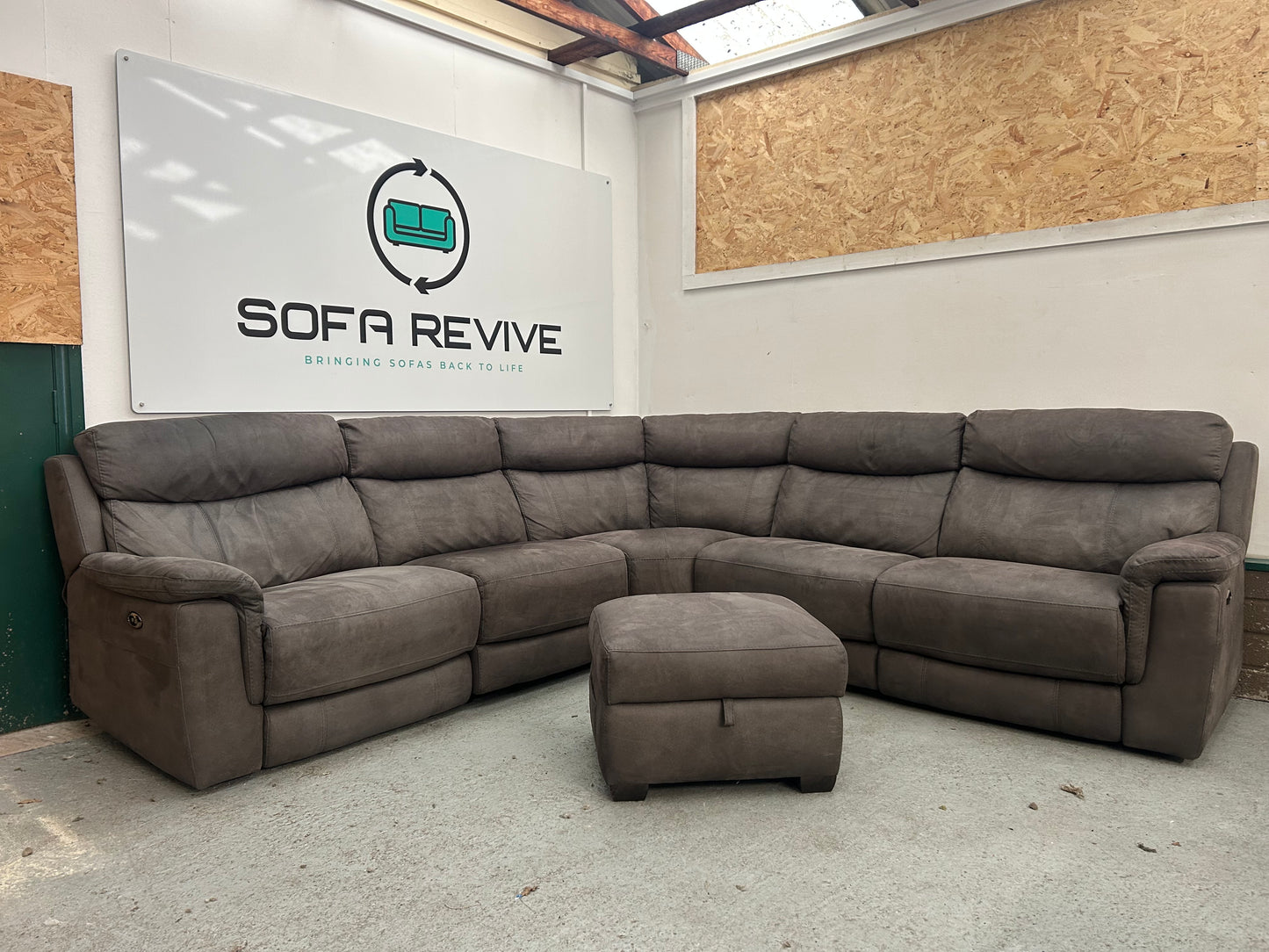 Grey DFS RONAN electric corner recliner sofa with matching footstool DELIVERY AVAILABLE