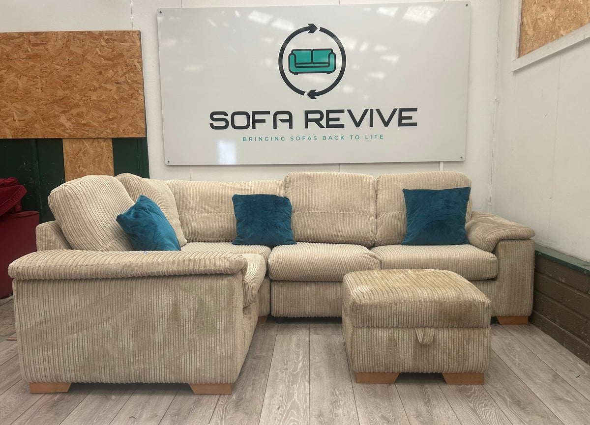 Beige cord DFS corner sofa bed with matching footstool