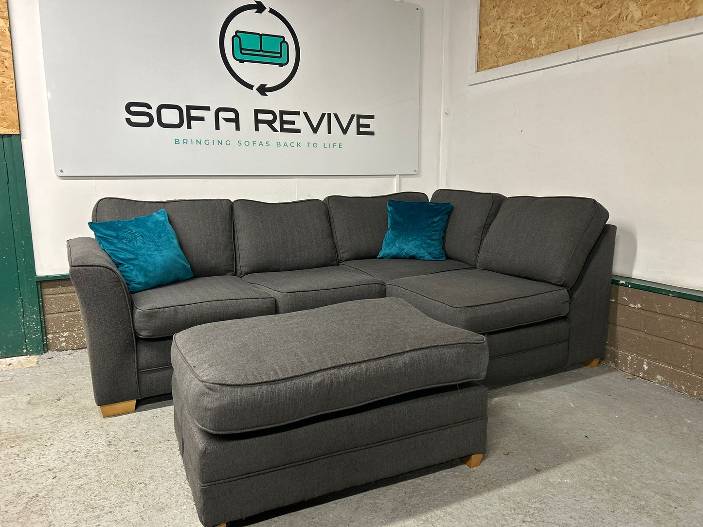 Grey right hand corner sofa with matching pouffe