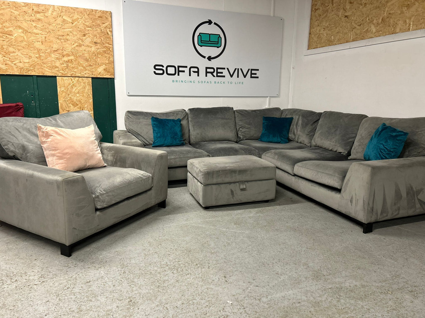 Grey DFS Euphoria corner sofa with matching armchair & footstool