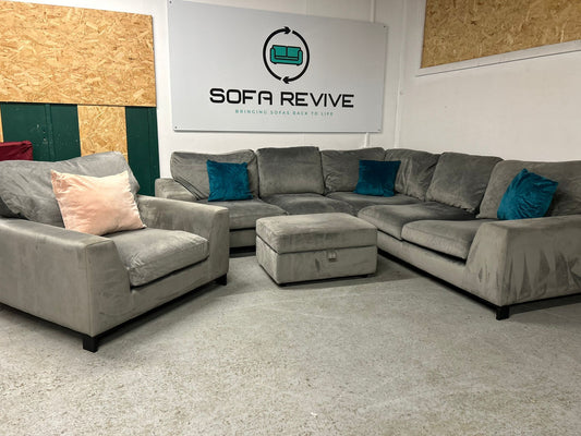Grey DFS Euphoria corner sofa with matching armchair & footstool