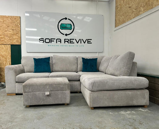Grey DFS Heydon corner sofa with matching footstool