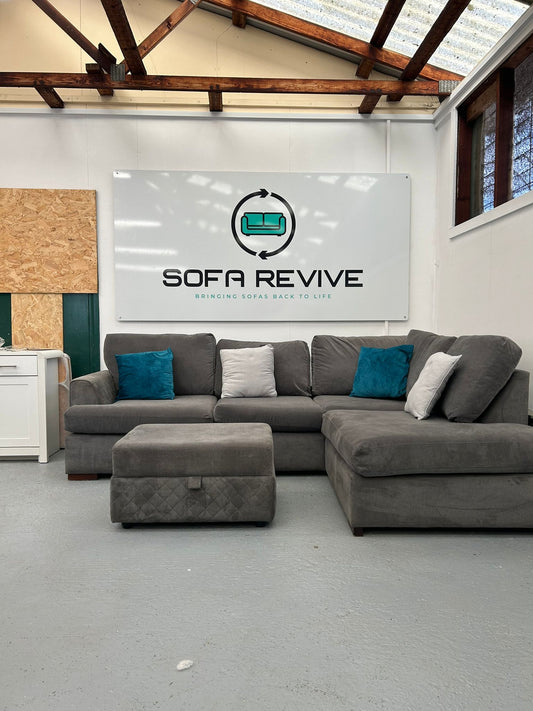 Grey DFS Orka corner sofa with matching storage footstool