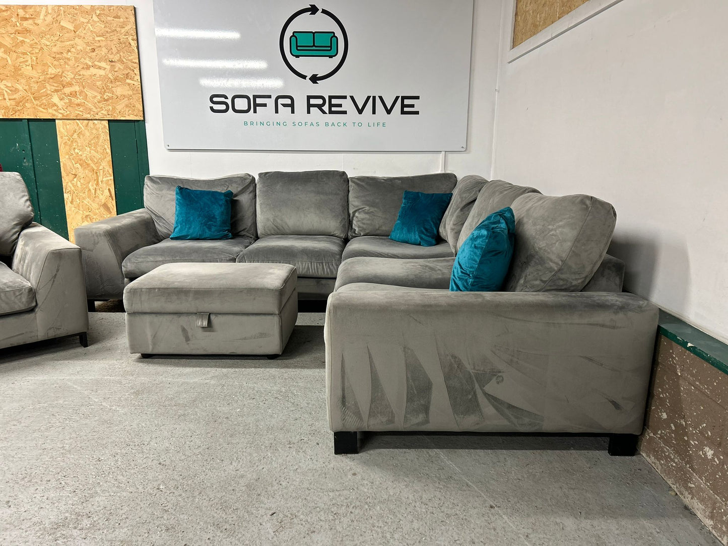 Grey DFS Euphoria corner sofa with matching armchair & footstool