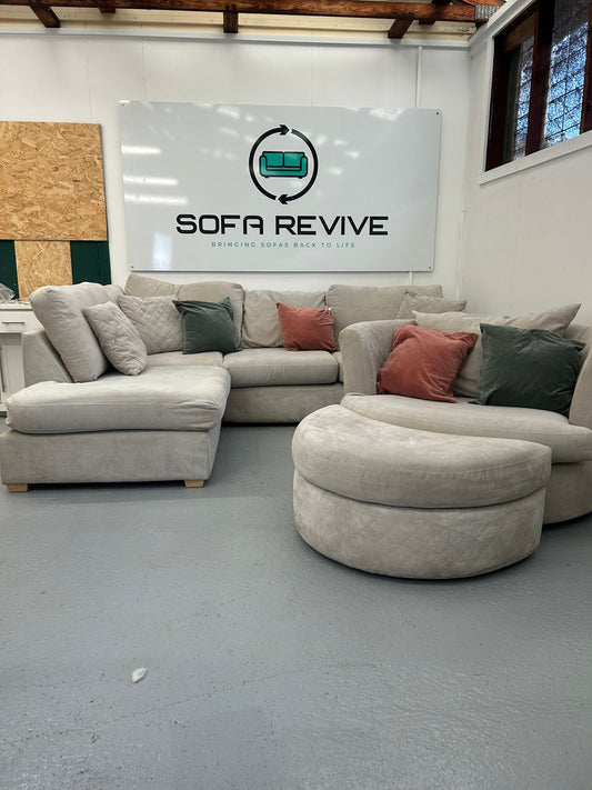 Grey DFS orka corner sofa with matching swivel chair & footstool