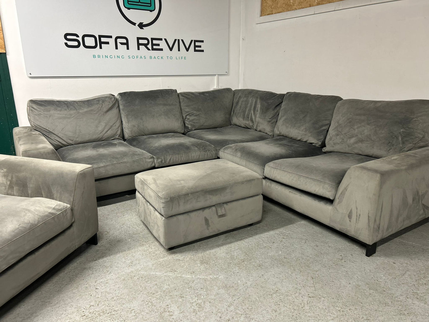 Grey DFS Euphoria corner sofa with matching armchair & footstool