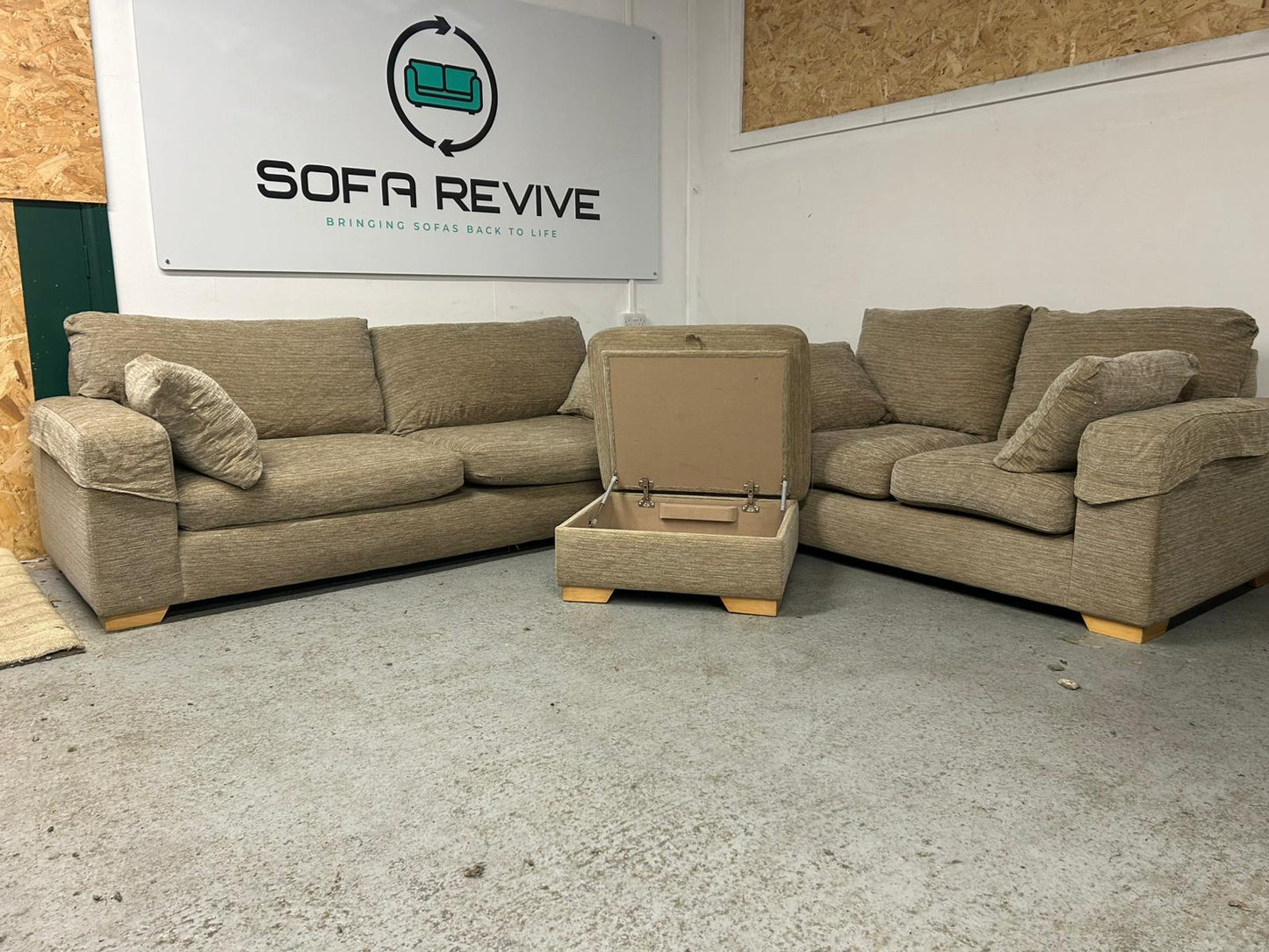 Beige NEXT 2&3 seater sofa set with matching footstool
